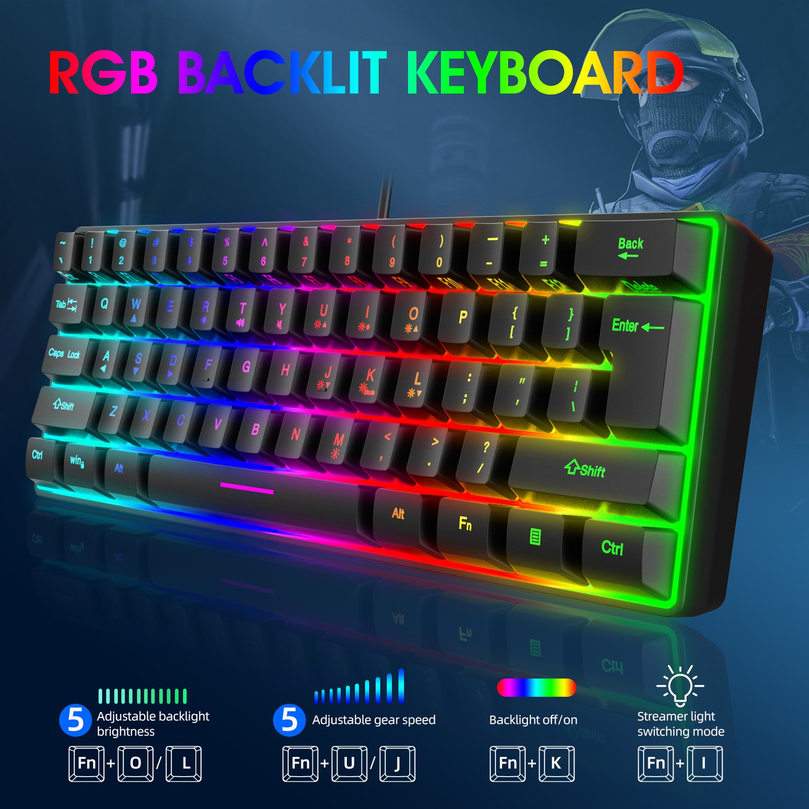 Multiple Color Combinations 61 Keys USB Wired RGB 60% Computer Gaming Small Black Keyboards