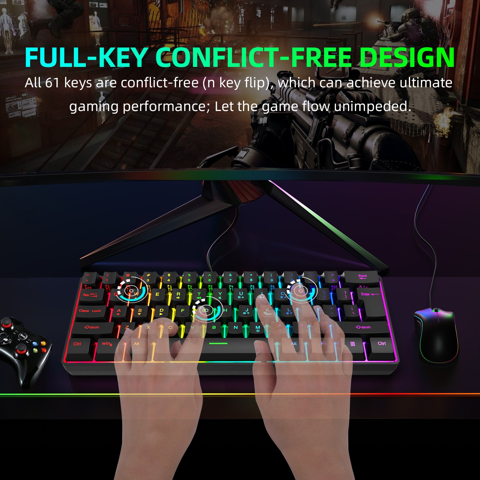 Multiple Color Combinations 61 Keys USB Wired RGB 60% Computer Gaming Small Black Keyboards