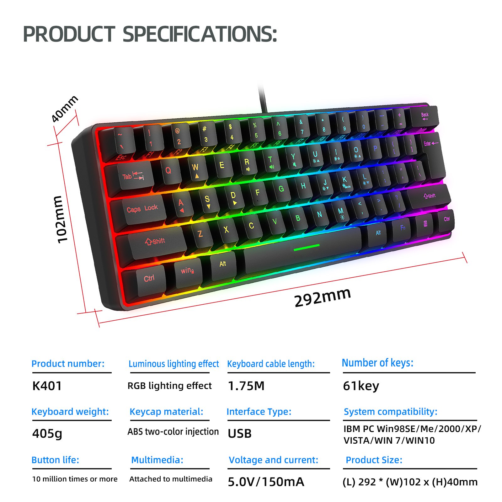 Multiple Color Combinations 61 Keys USB Wired RGB 60% Computer Gaming Small Black Keyboards