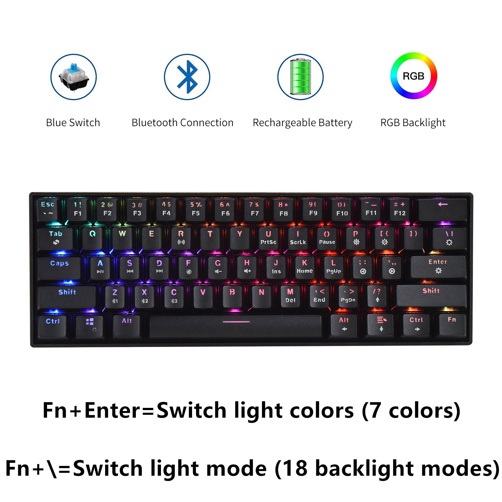 HZGAMER 61Keys BT Gaming Mechanical Keyboard Wireless RGB LED Portable Gaming Keyboard