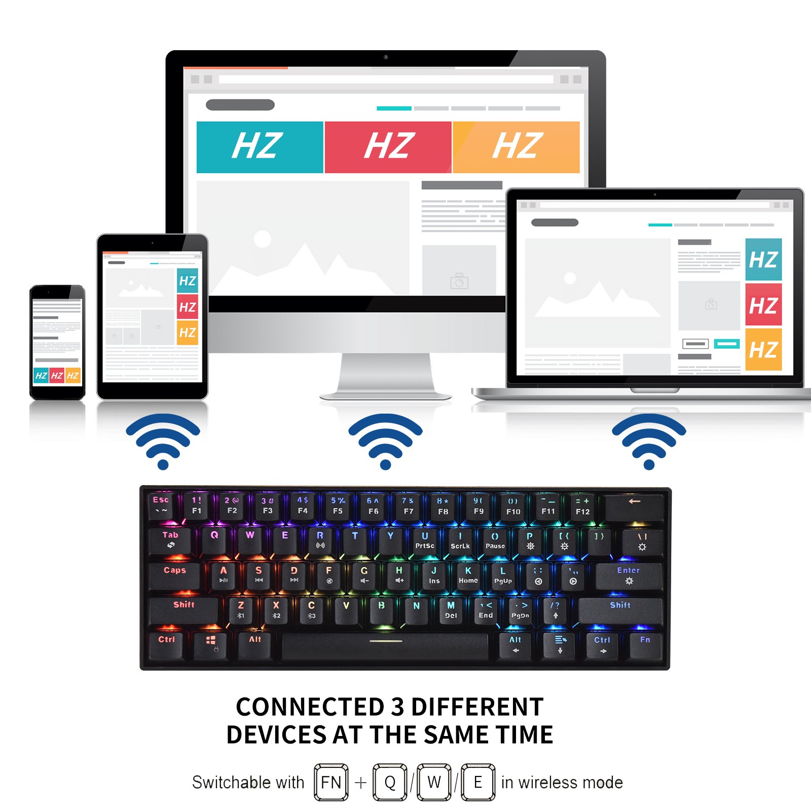 HZGAMER 61Keys BT Gaming Mechanical Keyboard Wireless RGB LED Portable Gaming Keyboard