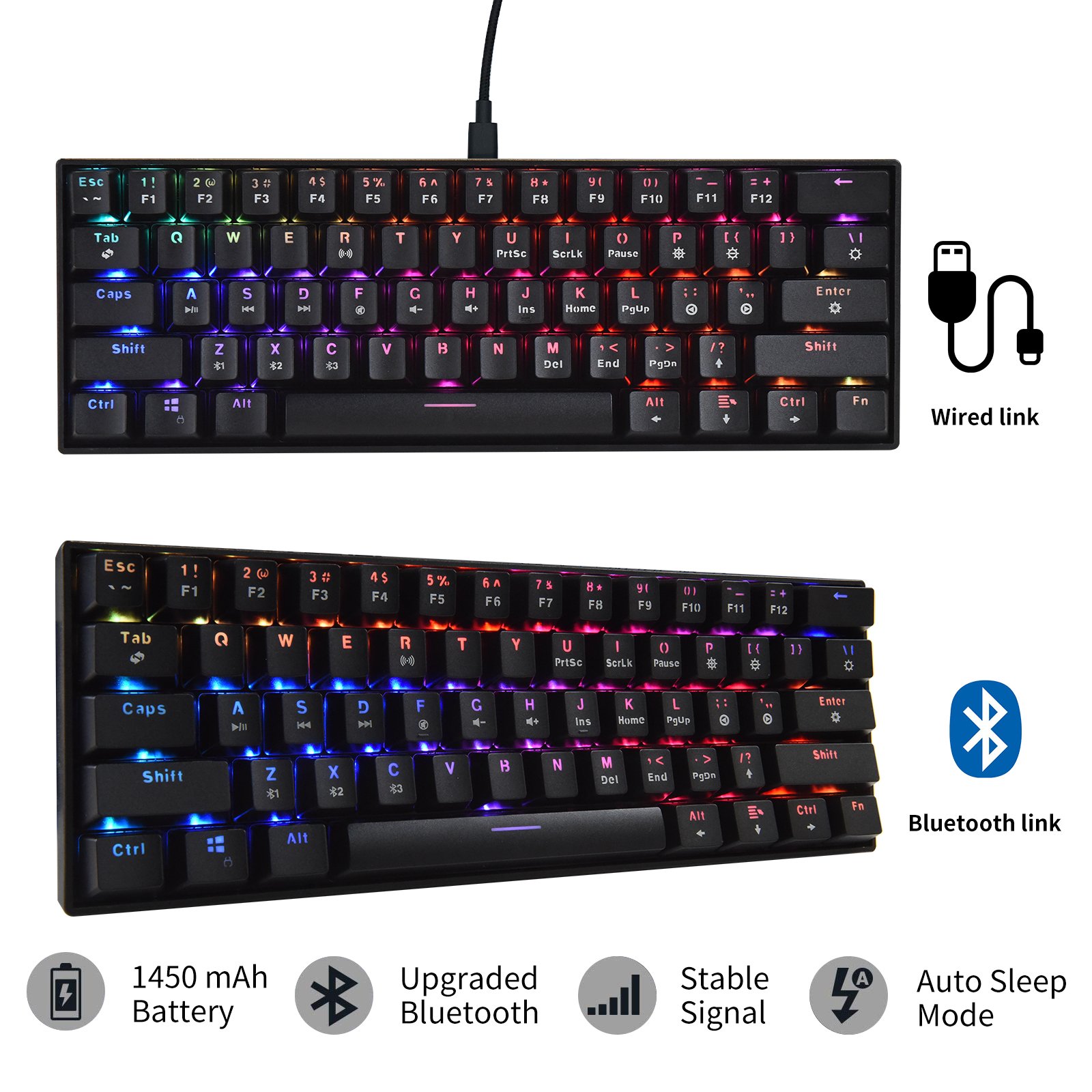 HZGAMER 61Keys BT Gaming Mechanical Keyboard Wireless RGB LED Portable Gaming Keyboard