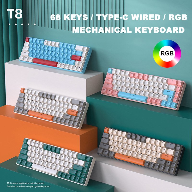 T8 68 Keys RGB Backlight Gaming Mechanical Keyboard for Gamer Type-C Wired RGB Gaming Mechanical Keyboard