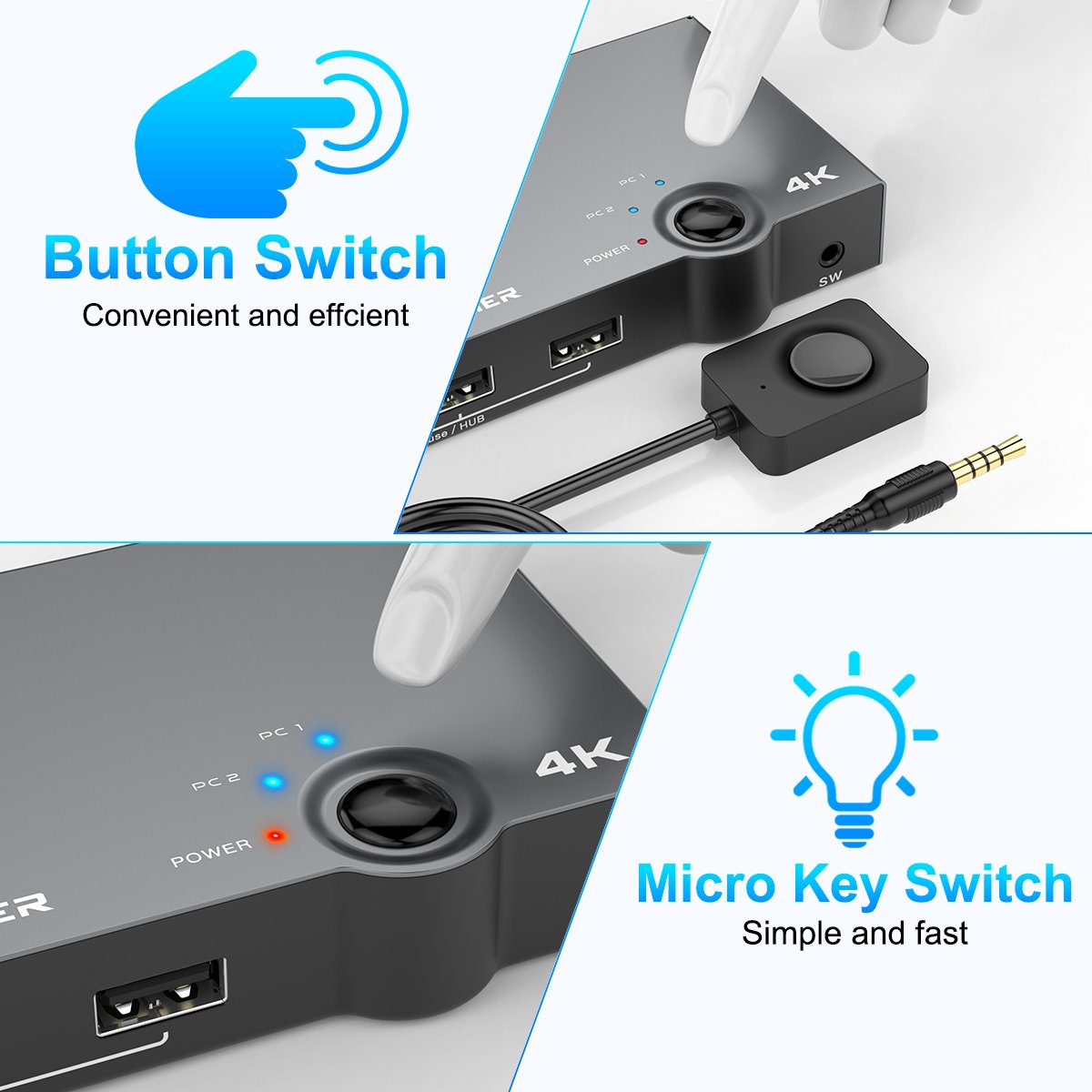 Rocketek 2-in-1 Out Driver Free HDMI KVM Switch 2 Computer Share 1 HD Monitor and 4 USB Devices