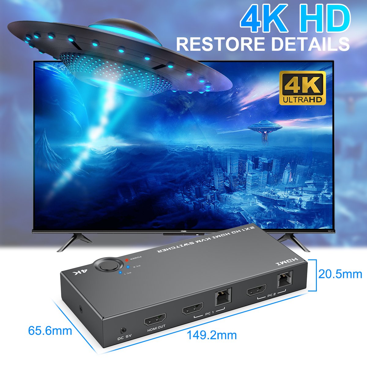 Rocketek 2-in-1 Out Driver Free HDMI KVM Switch 2 Computer Share 1 HD Monitor and 4 USB Devices