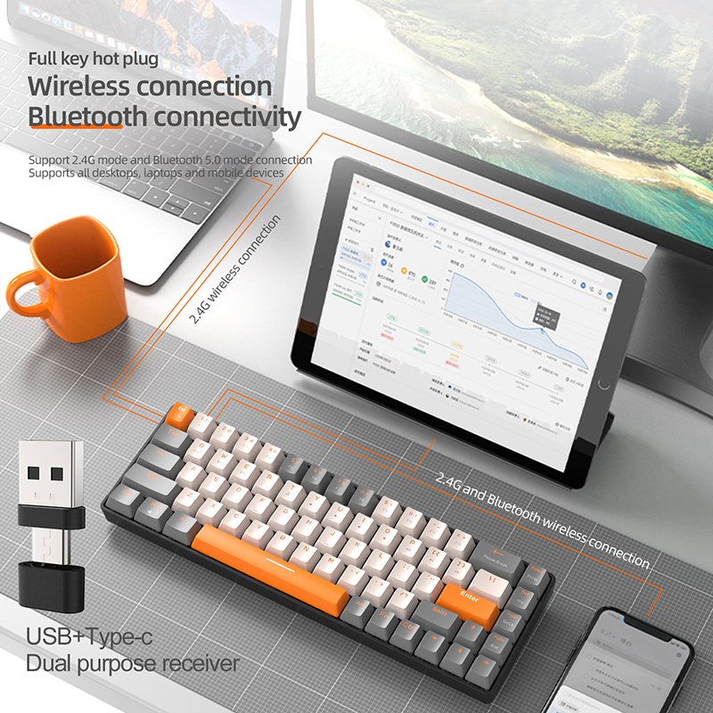 K68 Wireless Mechanical Keyboard 68 Keys Hotswap 2.4G/BT5.0 Dual-mode Mini Mechanical Gaming Keyboards