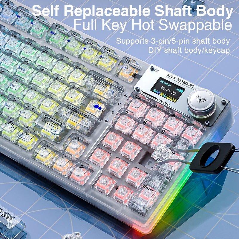 AULA F98pro Custom Mechanical Keyboard Transparent 3-Mode 2.4G BT Wireless Mini Screen Display Gasket RGB Hot Swappable Keyboard
