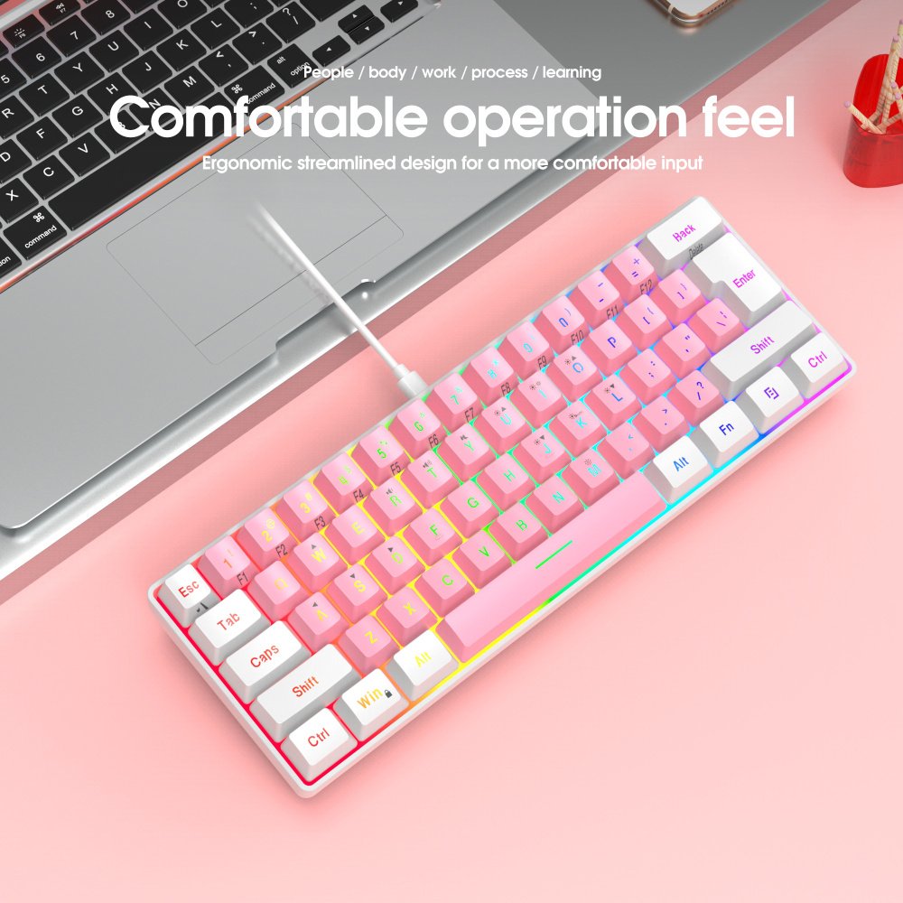 Hot sale HXSJ V700 mini custom 60% membrane keyboard game mute RGB Rainbow backlit pink gaming mechanical feel keyboard as gift