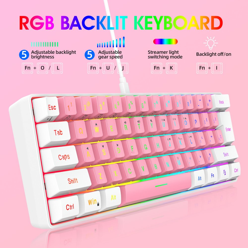 Hot sale HXSJ V700 mini custom 60% membrane keyboard game mute RGB Rainbow backlit pink gaming mechanical feel keyboard as gift