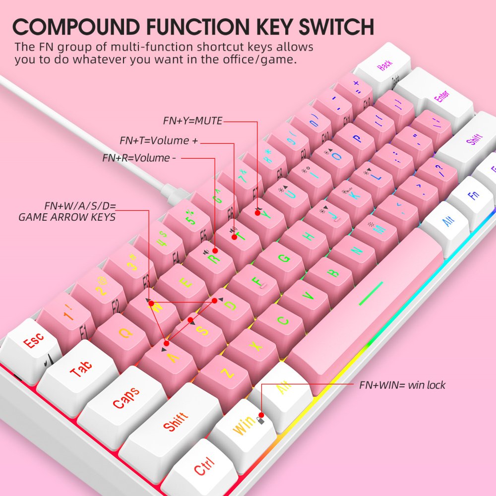 Hot sale HXSJ V700 mini custom 60% membrane keyboard game mute RGB Rainbow backlit pink gaming mechanical feel keyboard as gift