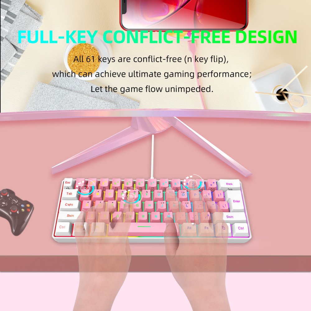 Hot sale HXSJ V700 mini custom 60% membrane keyboard game mute RGB Rainbow backlit pink gaming mechanical feel keyboard as gift