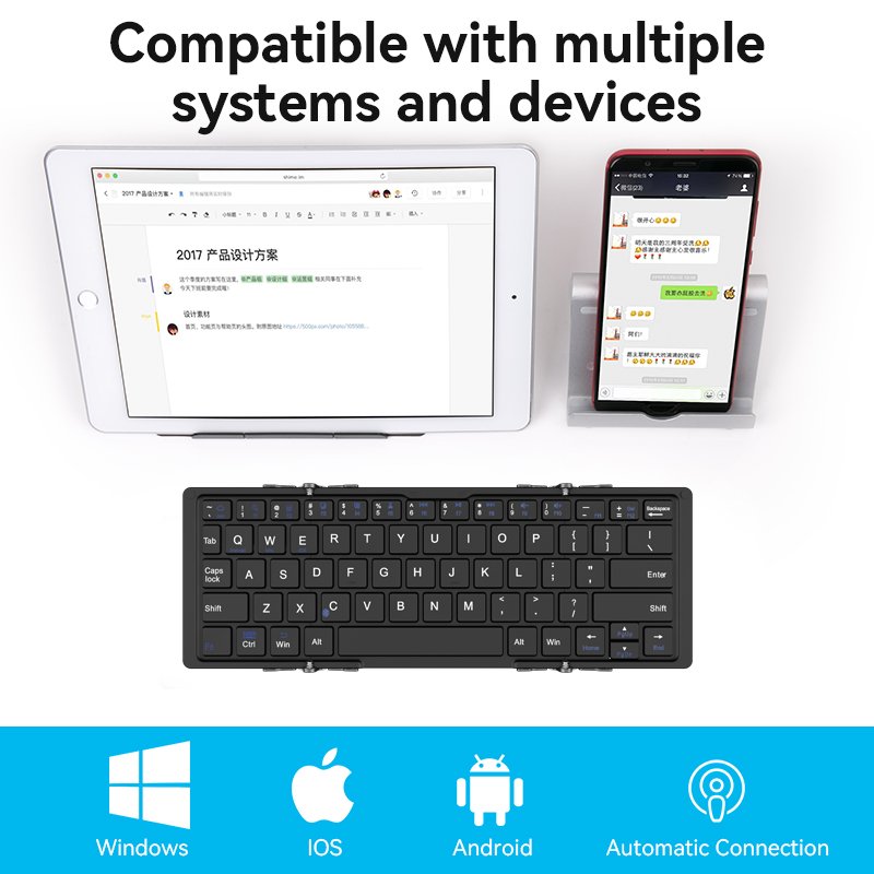 BOW Mini Folding BT Wireless rechargeable Keyboard with Leather cover bracket For Laptop Windows Android ios Tablet
