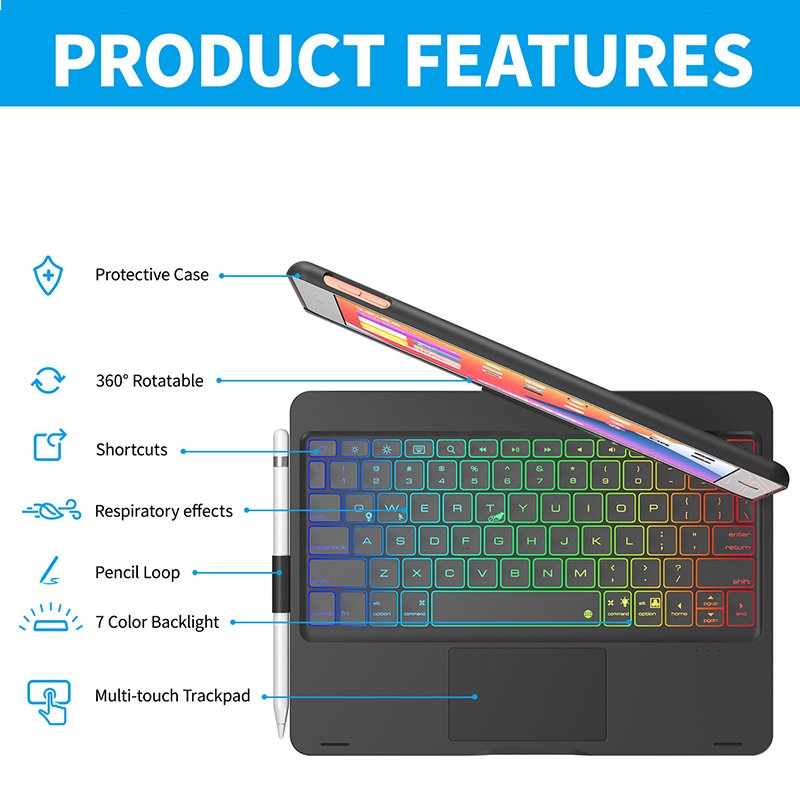 Keyboard Case for iPad 7th 8th 9th 10.2 Air 4 5 10 Gen 10.9 Pro 10.5 11 12.9 Cover for iPad Keyboard with Touchpad Backlight