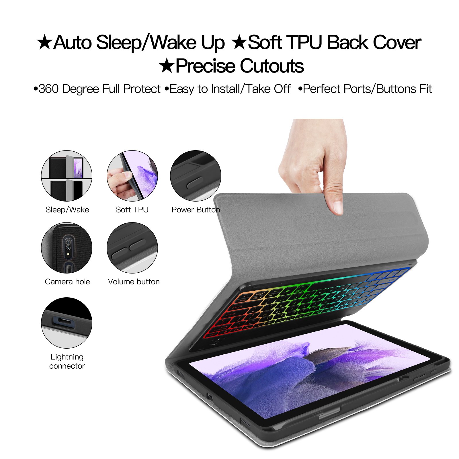 Tablet Cover Magnetic Detachable Keyboard Case For Samsung Galaxy Tab S7 Fe 12.4 Inch Black