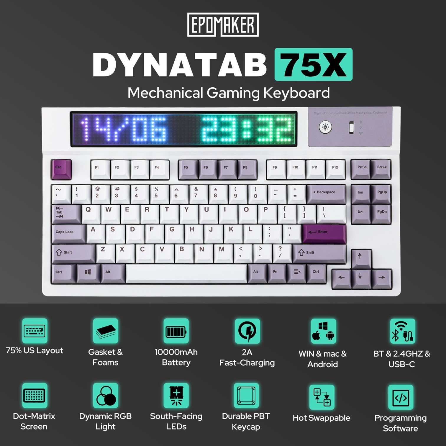 EPOMAKER DynaTab75X 75% Compact Gasket Mounted Mechanical Keyboard Custom Dot-Matrix RGB LED Screen shenzhen mechanical keyboard