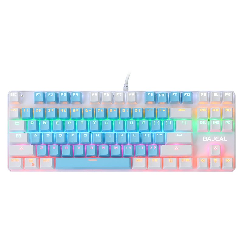 BAJEAL k100 blue and white 87-key backlit Rgb wired blue switch mechanical keyboard for desktop laptop