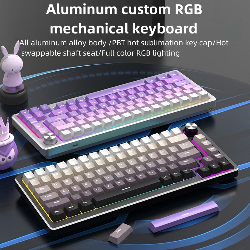 Custom Wired Gaming Hot Swappable Rgb Backlit Light Mechanical Keyboard Gamer Pc Aluminum 75% Mechanical Keyboard With Knob