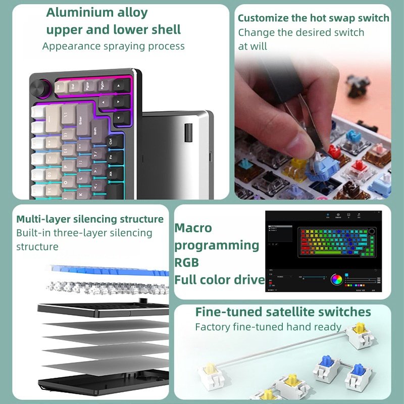 Custom Wired Gaming Hot Swappable Rgb Backlit Light Mechanical Keyboard Gamer Pc Aluminum 75% Mechanical Keyboard With Knob