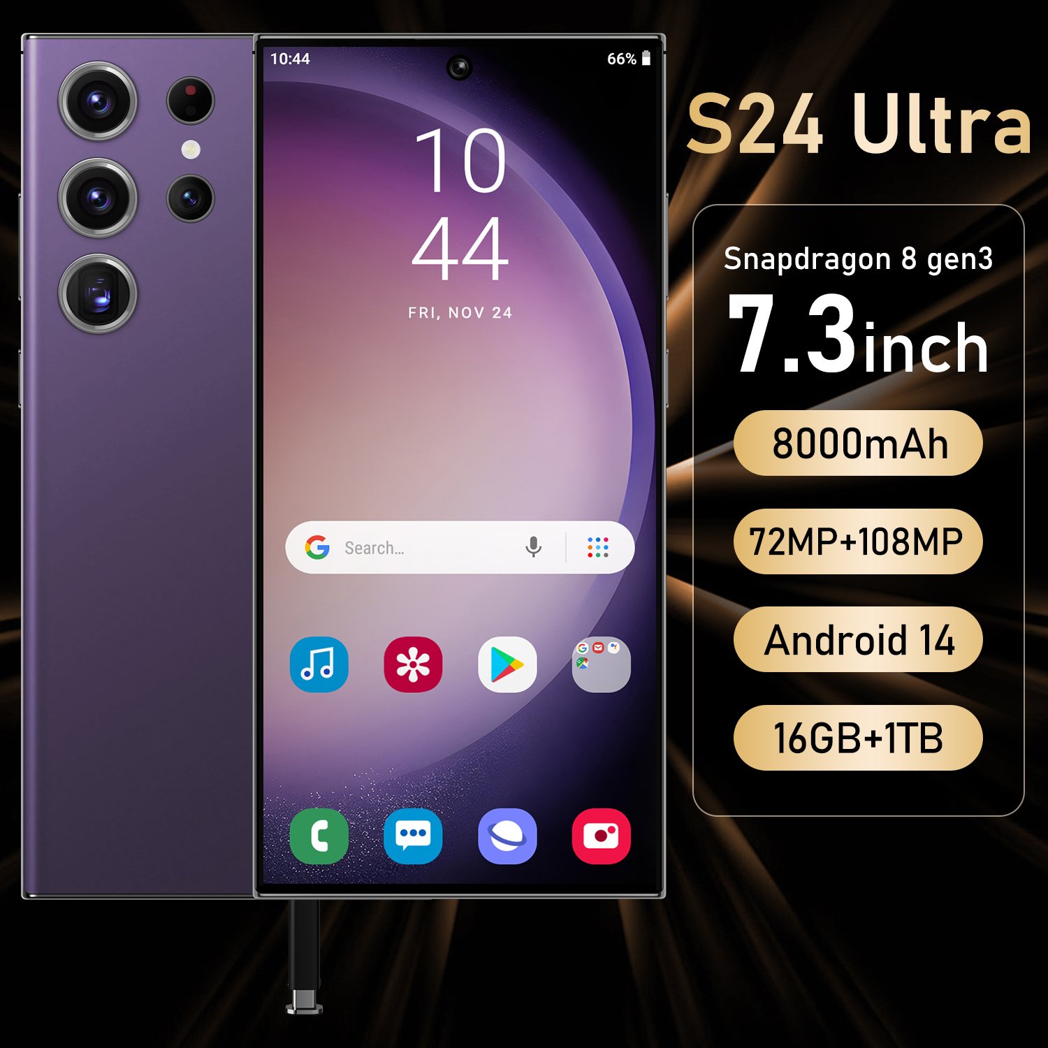 Best Selling Original Brand New S24Phone 7.3 Inch 4G 5G Smartphone with Stylus Pen 4 Cameras Facial Recognition Unlock Phone