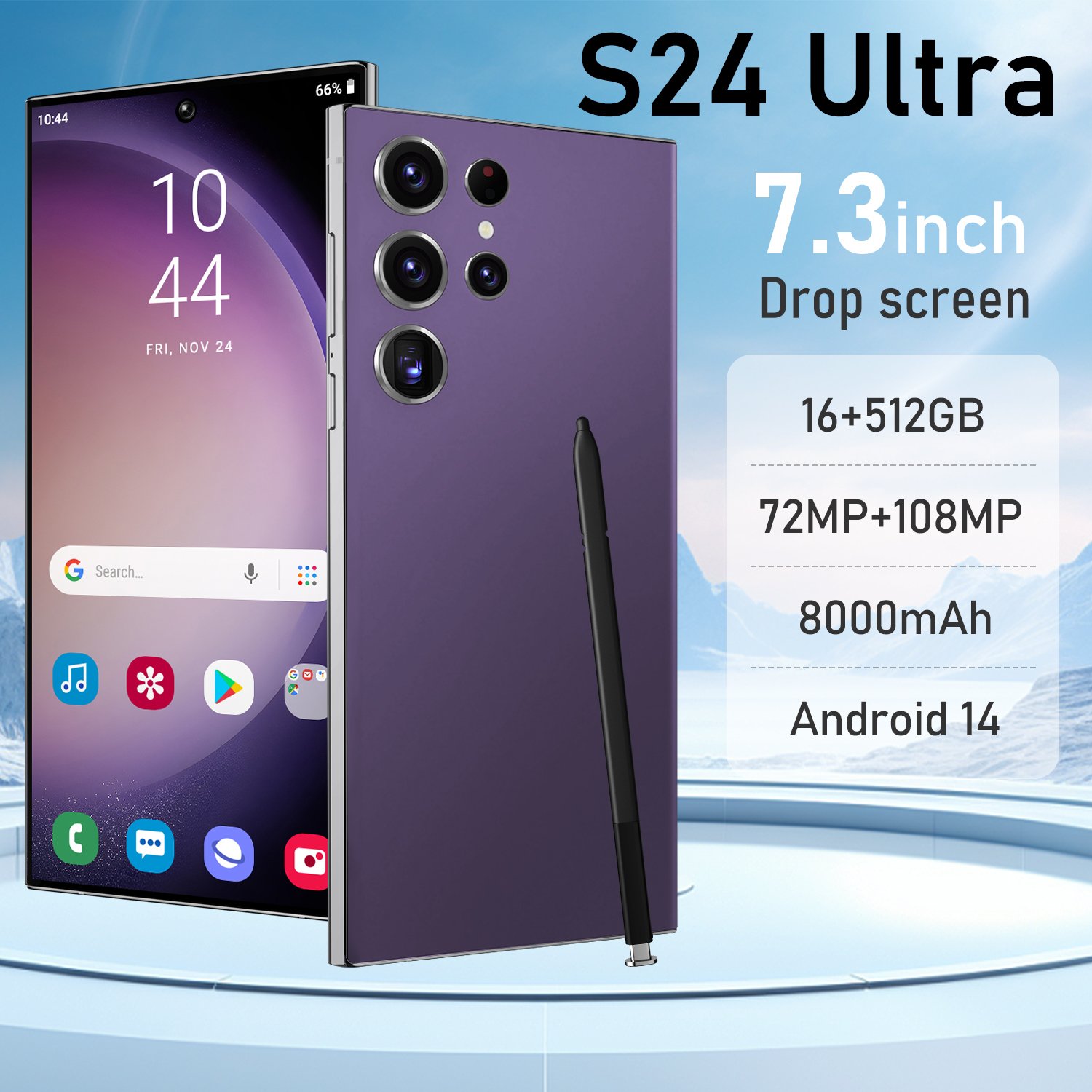 Best Selling Original Brand New S24Phone 7.3 Inch 4G 5G Smartphone with Stylus Pen 4 Cameras Facial Recognition Unlock Phone