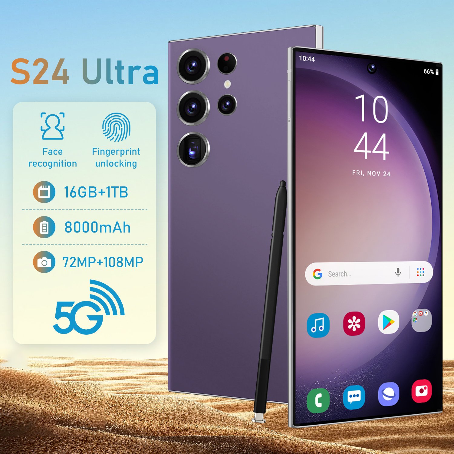 Best Selling Original Brand New S24Phone 7.3 Inch 4G 5G Smartphone with Stylus Pen 4 Cameras Facial Recognition Unlock Phone