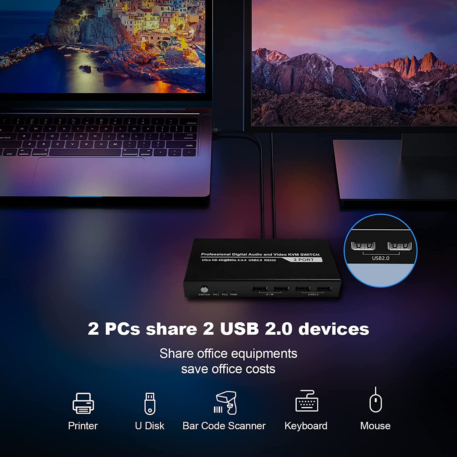 4K60hz HD MI 2 Port USB2.0 KVM Switch for PC 2 in 1 out Computer keyboard mouse Switch Support Hotkey & RS232 for Printer U disk