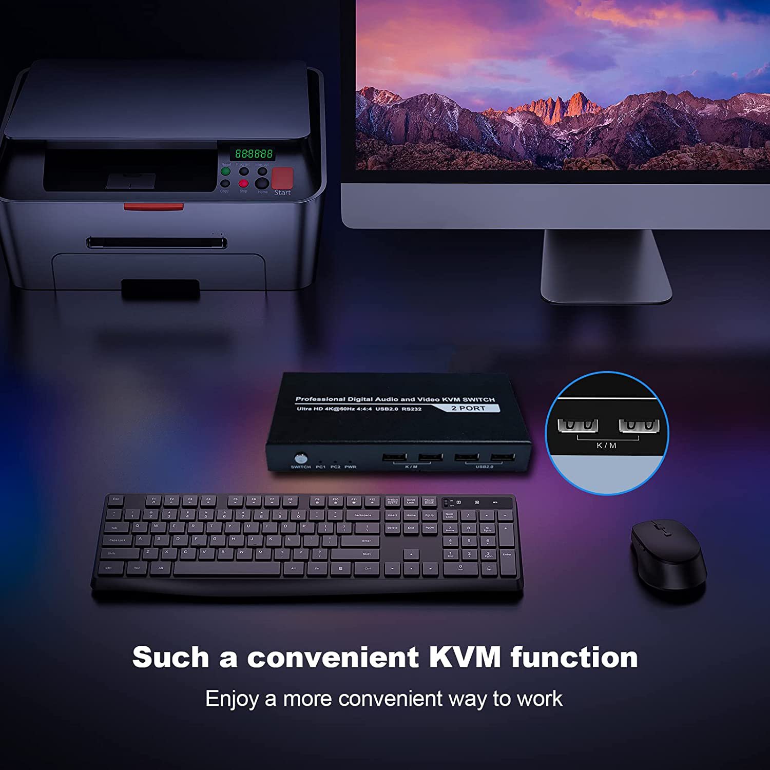 4K60hz HD MI 2 Port USB2.0 KVM Switch for PC 2 in 1 out Computer keyboard mouse Switch Support Hotkey & RS232 for Printer U disk