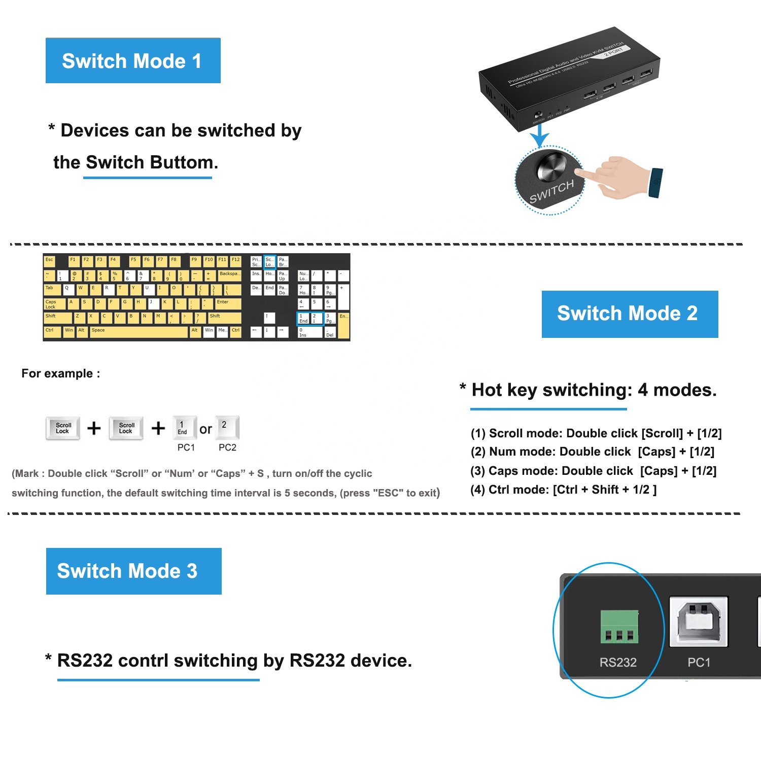4K60hz HD MI 2 Port USB2.0 KVM Switch for PC 2 in 1 out Computer keyboard mouse Switch Support Hotkey & RS232 for Printer U disk