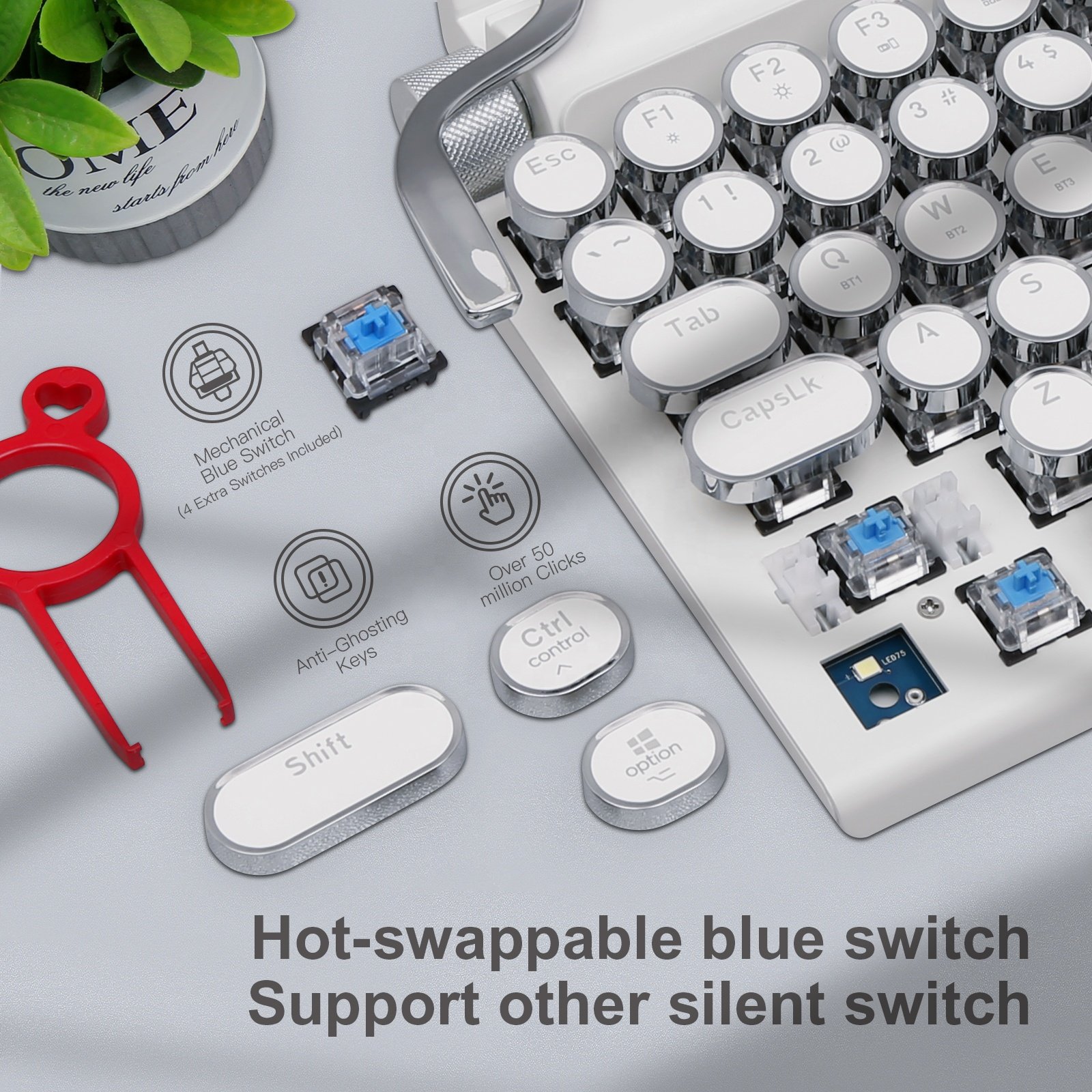 Savings Spotlight OUTEMU Hotswap Blue Switch Classic Punk Keycap Wireless Typewriter Style Mechanical Gaming Keyboard for Tablet
