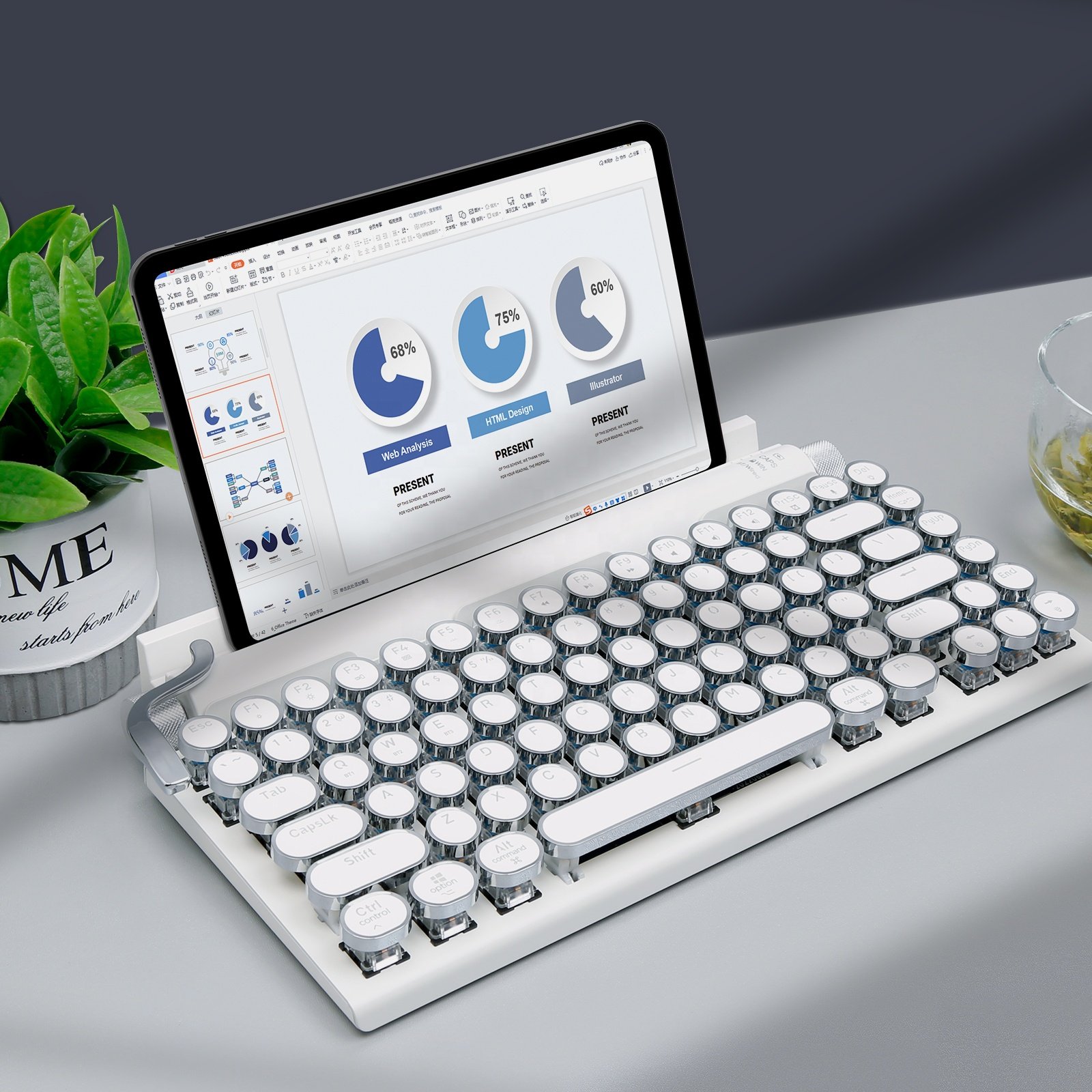 Savings Spotlight OUTEMU Hotswap Blue Switch Classic Punk Keycap Wireless Typewriter Style Mechanical Gaming Keyboard for Tablet