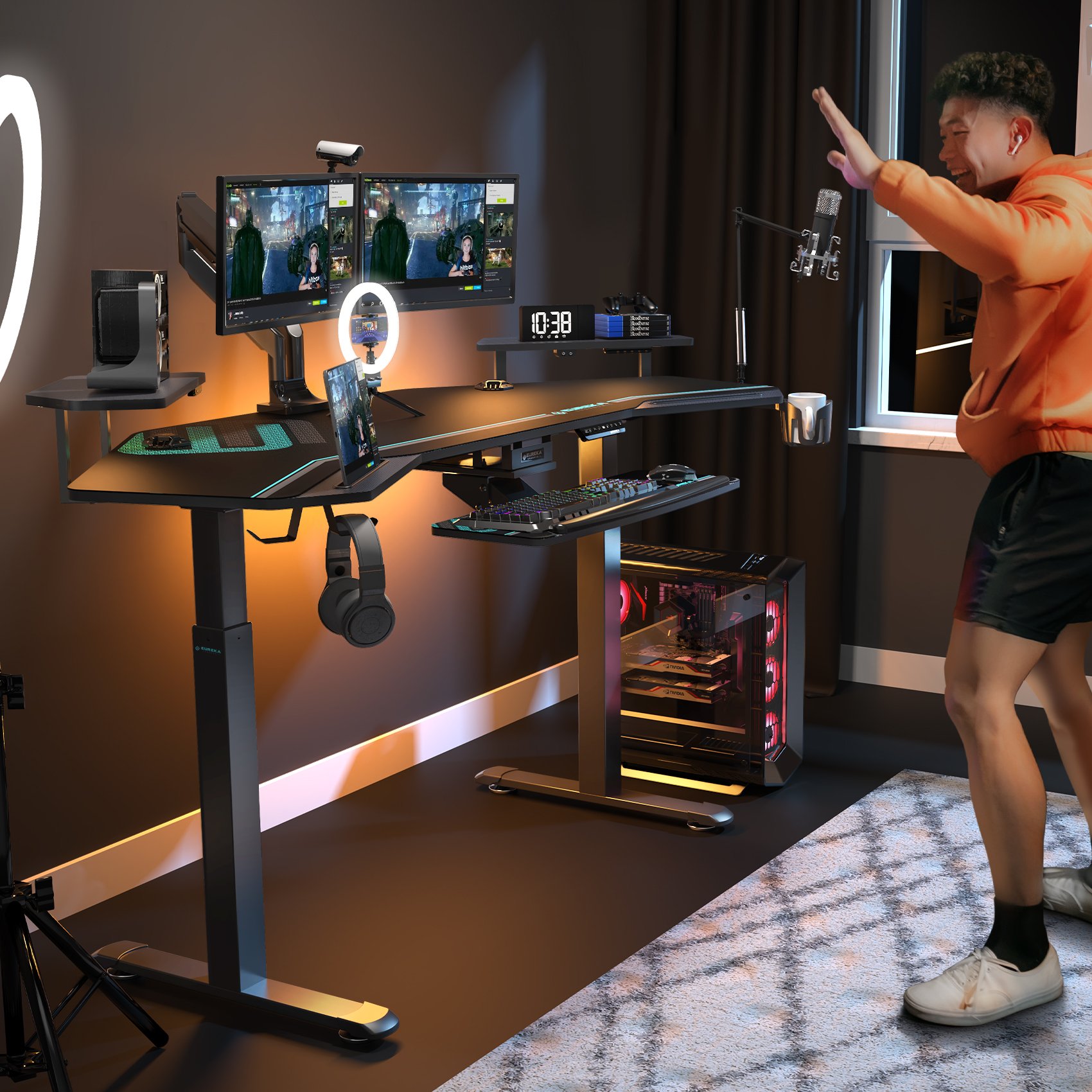 72'' Electric Standing Desk Keyboard Tray, Large Wing Shaped Studio Music Gaming Streaming Desk, with LED Convertible Shelves