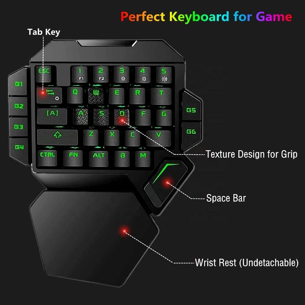 SUNGI One Handed Half Gaming Keyboard 35 Keys RGB Backlight Comfortable Wrist Rest Customizable Mechanical Keyboards