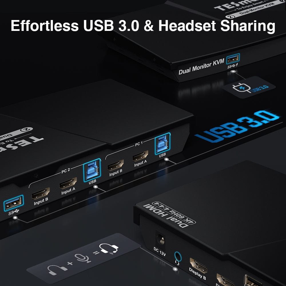 TESmart 2 Port Dual Monitor KVM Switch HDMI For Financial Trading 4K60Hz with USB 3.0 Hub & Audio I/O HDMI KVM Switch