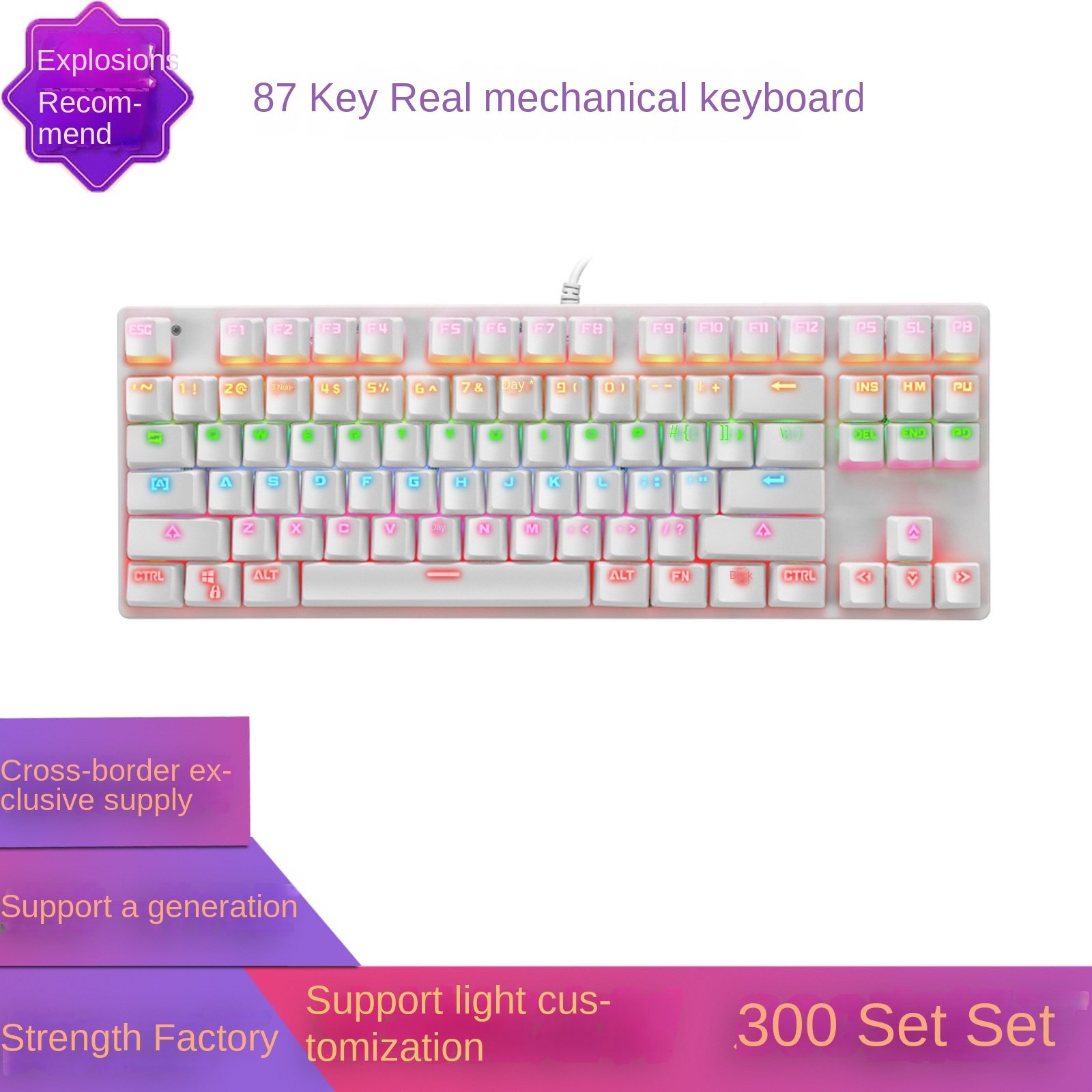 Yunguoguo K7 Office Computer Mechanical Wired Keyboard with ABS Cap 87 Game Esports Light Wholesale Product Switches