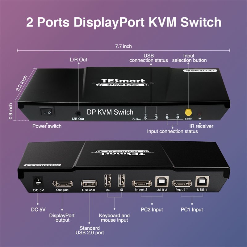TESmart 2 Port DisplayPort 1.2 KVM Switch 4K60Hz with USB 2.0 Hub DP 2 In 1 Out KVM Switcher