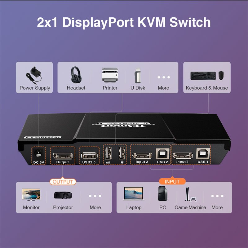 TESmart 2 Port DisplayPort 1.2 KVM Switch 4K60Hz with USB 2.0 Hub DP 2 In 1 Out KVM Switcher