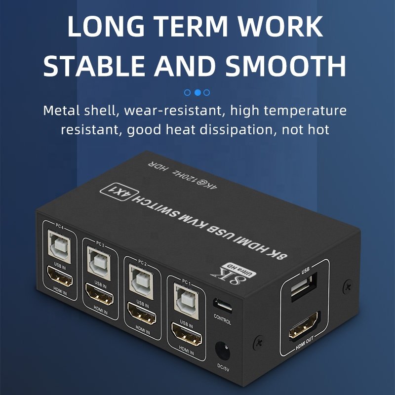 8K HDMI KVM Switch 4 in 1 out 8K 60Hz HDMI USB KVM Switcher 4x1 for 4 PC Share Monitor Mouse Keyboard with Desktop Controller