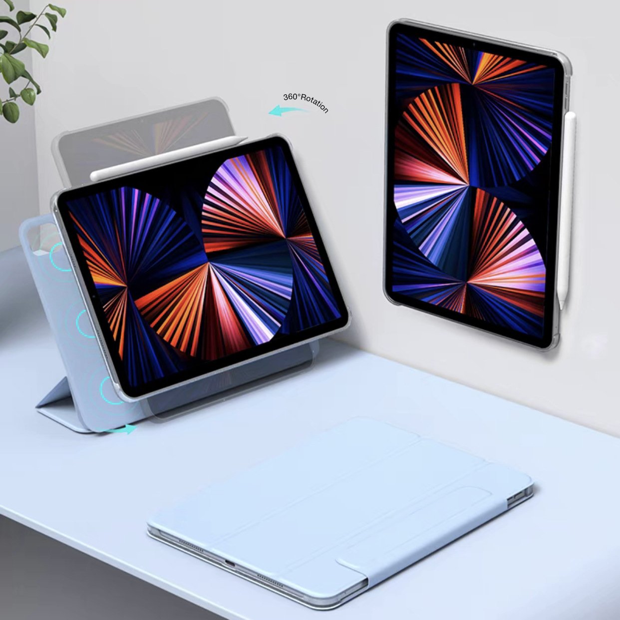 Auto-sleep Magnetic 360 Rotation Tablet Cover for iPad 2024 Air 4 Mini 6 12.9 10.2 with pencil holder for iPad Pro 13 Inch Case