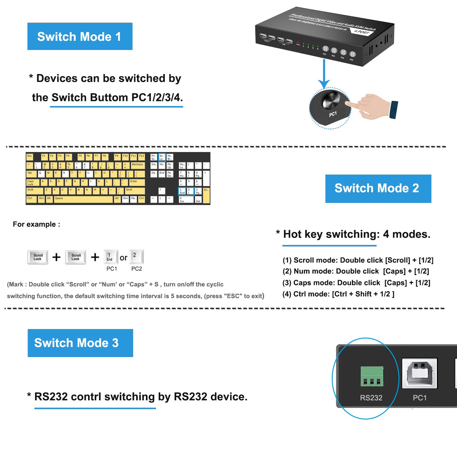 4K60hz HDTV 4 Port USB2.0 KVM Switch for PC 4 in 1 out Computer keyboard mouse Switch Support Hotkey & RS232 for Printer U disk