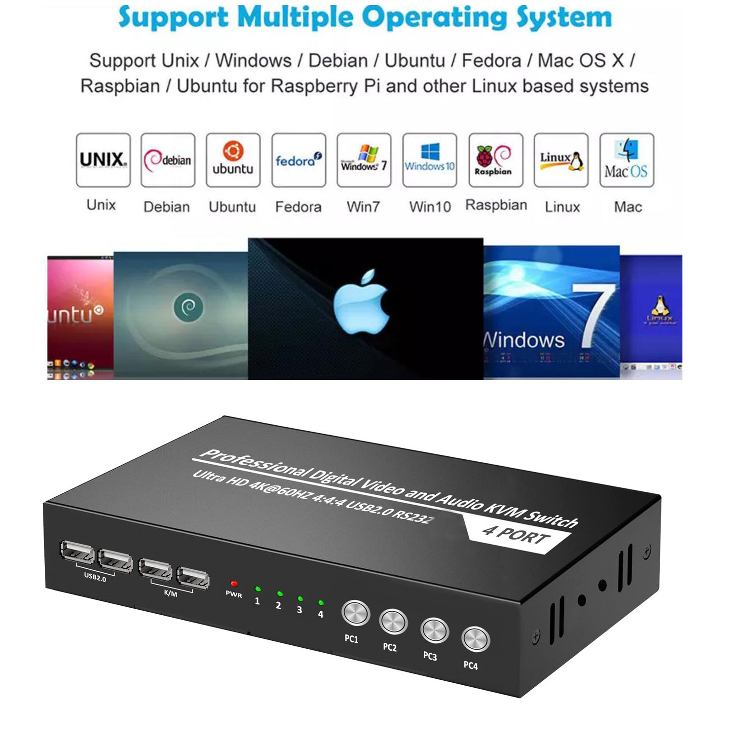 4K60hz HDTV 4 Port USB2.0 KVM Switch for PC 4 in 1 out Computer keyboard mouse Switch Support Hotkey & RS232 for Printer U disk