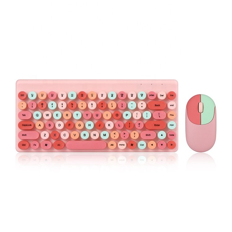 Cute Colorful Retro Round Buttons 87 Keys 2.4Ghz Wireless Computer Combo Mouse and Keyboard for Home Office Laptop