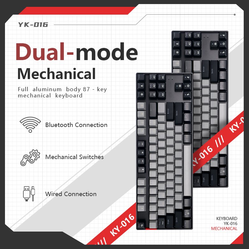 Black and Gray Dual-Mode Bluetooth/Wired 87-Key Hot-Swap Mechanical Keyboard with Green Switches RGB support