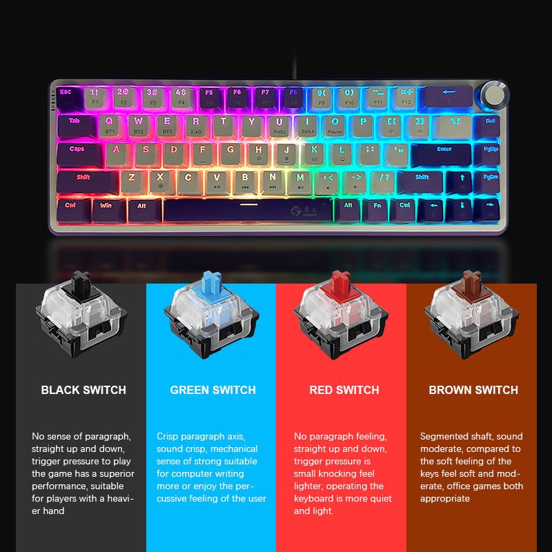 OEM mechanical keyboard gaming keyboard 2.4G Bluetooth Wireless RGB 68 keys keyboard for Laptop Computer with knob