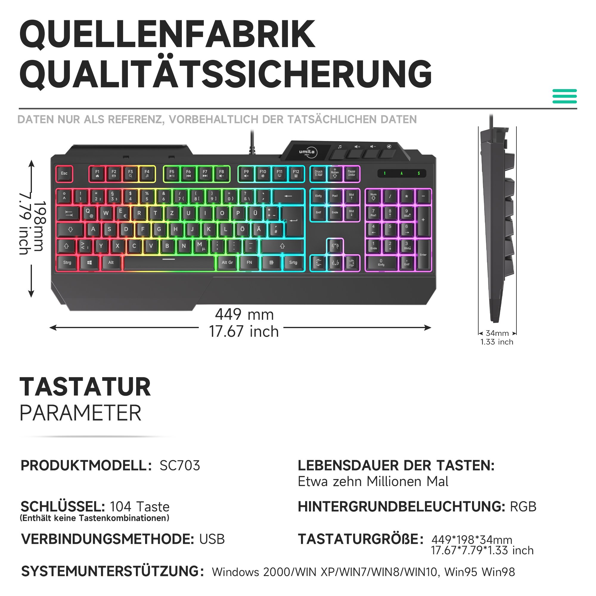 Gaming Keyboard Gaming-Tasta Rubber Backlit Keytop Structure, RGB MIC Music Equaliser LED Gaming keyboard Deutsche Tastatur