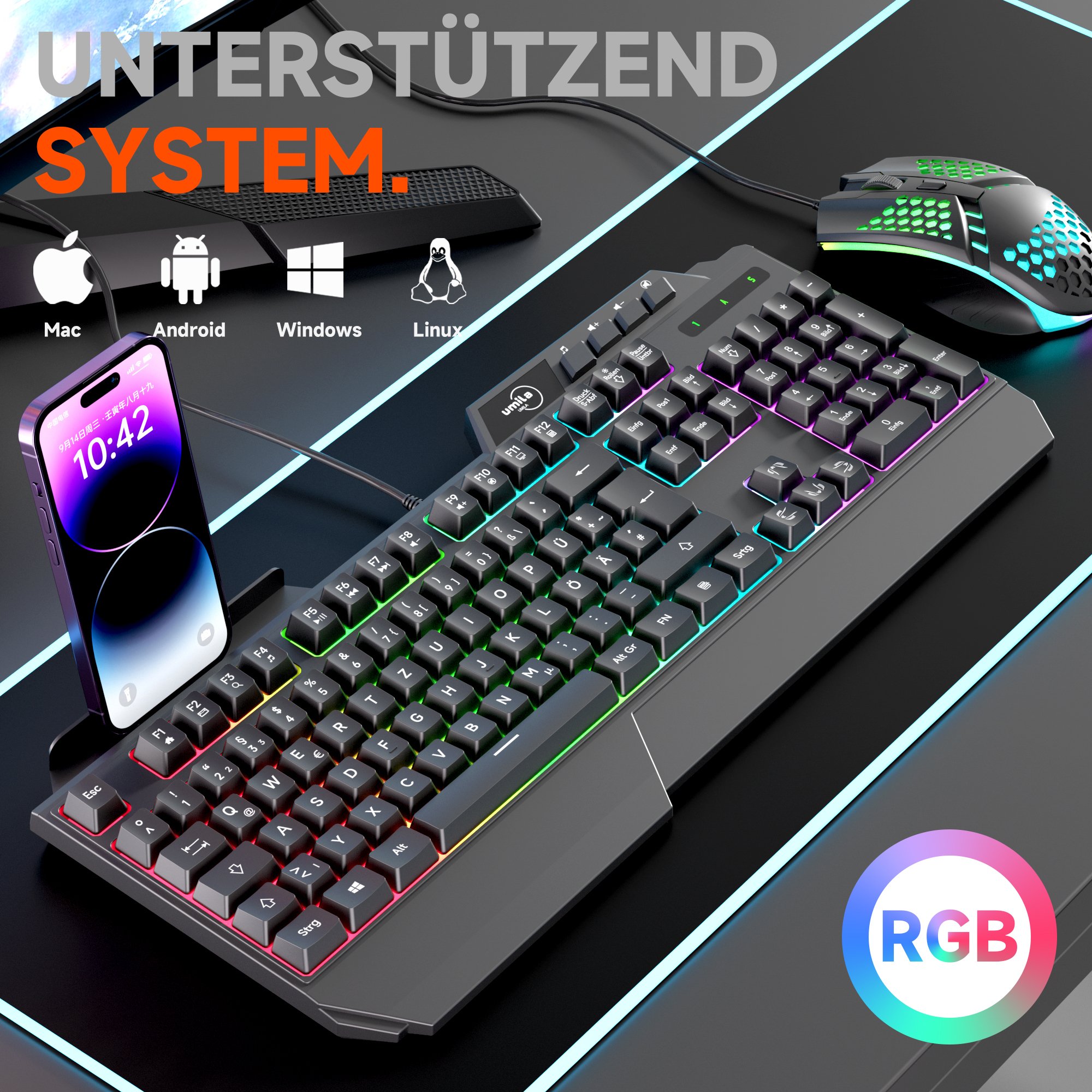 Gaming Keyboard Gaming-Tasta Rubber Backlit Keytop Structure, RGB MIC Music Equaliser LED Gaming keyboard Deutsche Tastatur