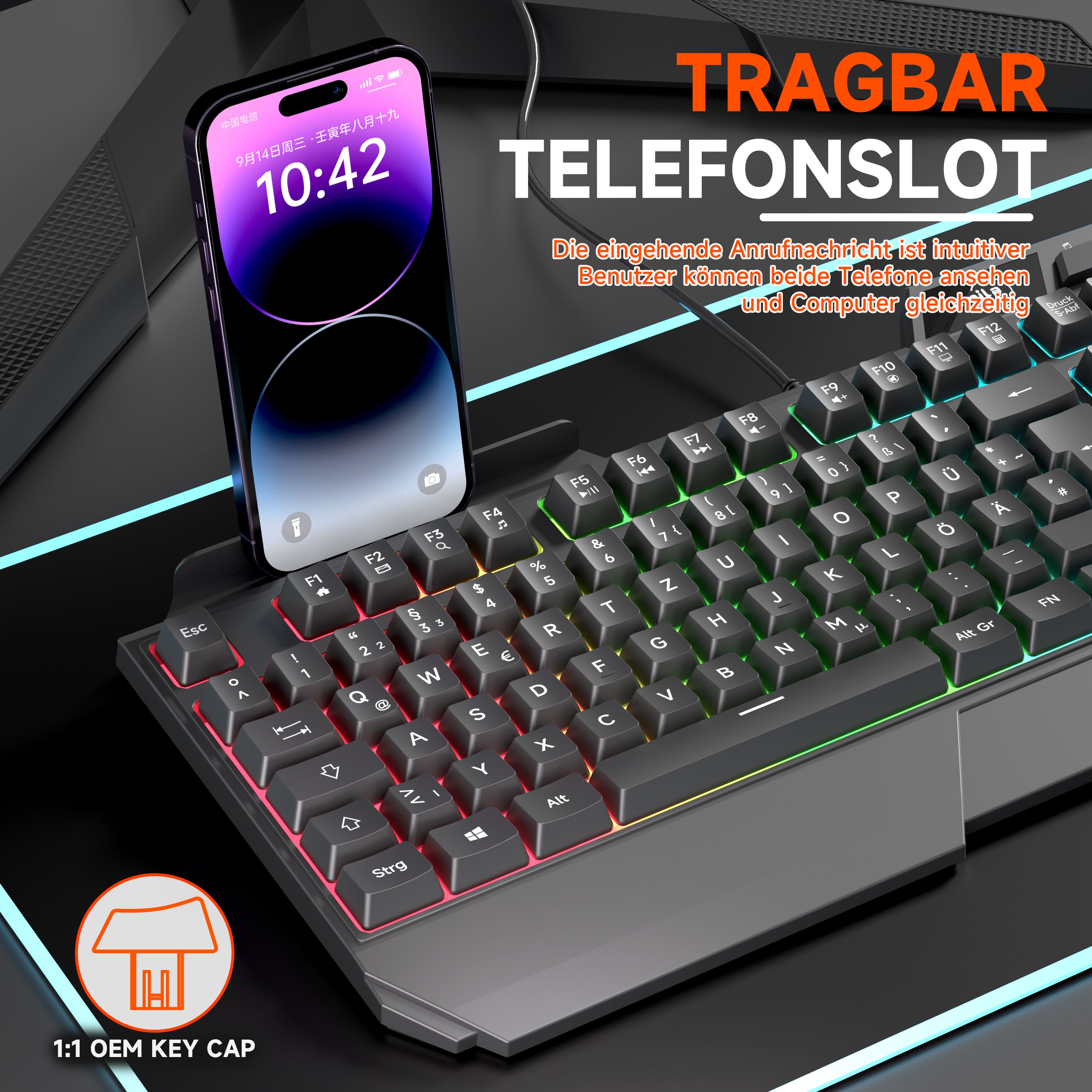 Gaming Keyboard Gaming-Tasta Rubber Backlit Keytop Structure, RGB MIC Music Equaliser LED Gaming keyboard Deutsche Tastatur