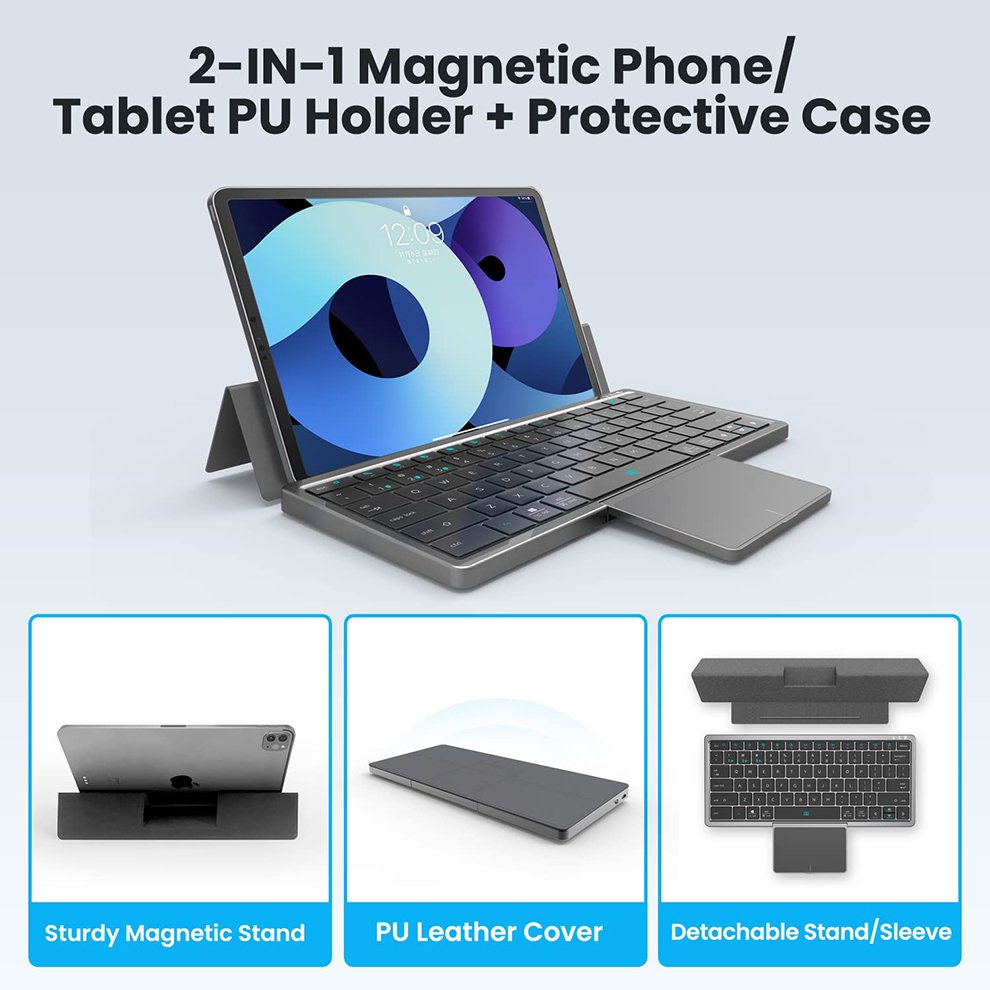 Mini Wireless Keyboard Multi-Device Foldable Keyboard with Touchpad Removable Cover Folding Stand Rechargeable keyboard