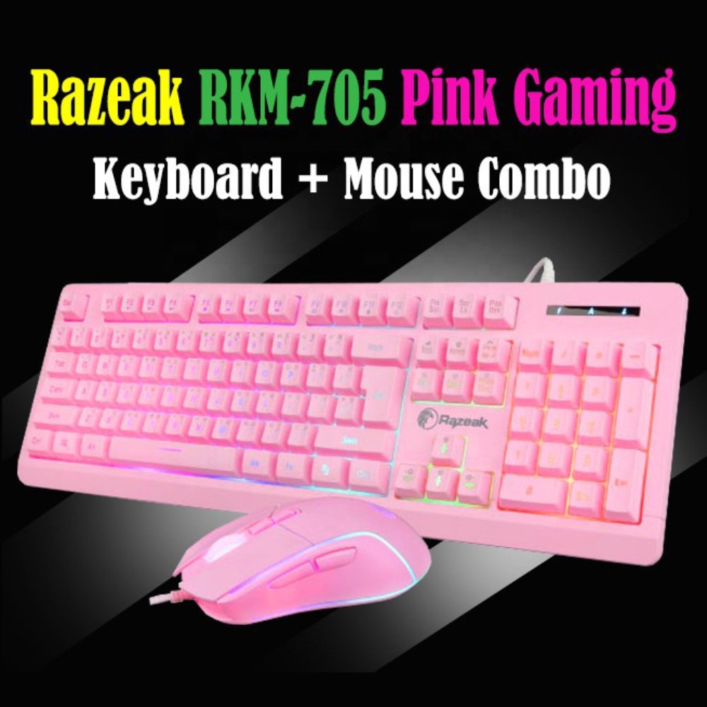Razeak RKM-705 Stock Pink Color USB Wired RGB Backlit Waterproof Ergonomic Teclado Keyboard Mouse Gaming Combo for LOL Dota PUBG
