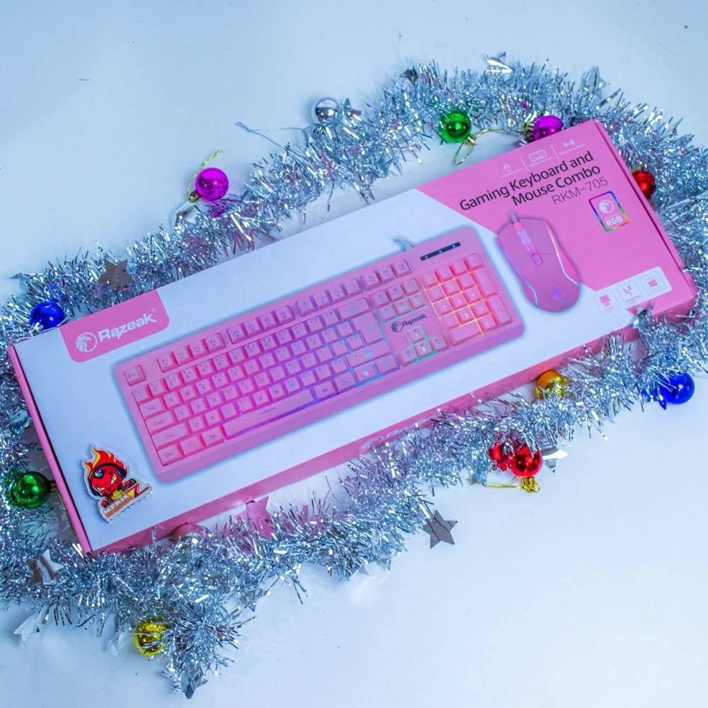 Razeak RKM-705 Stock Pink Color USB Wired RGB Backlit Waterproof Ergonomic Teclado Keyboard Mouse Gaming Combo for LOL Dota PUBG