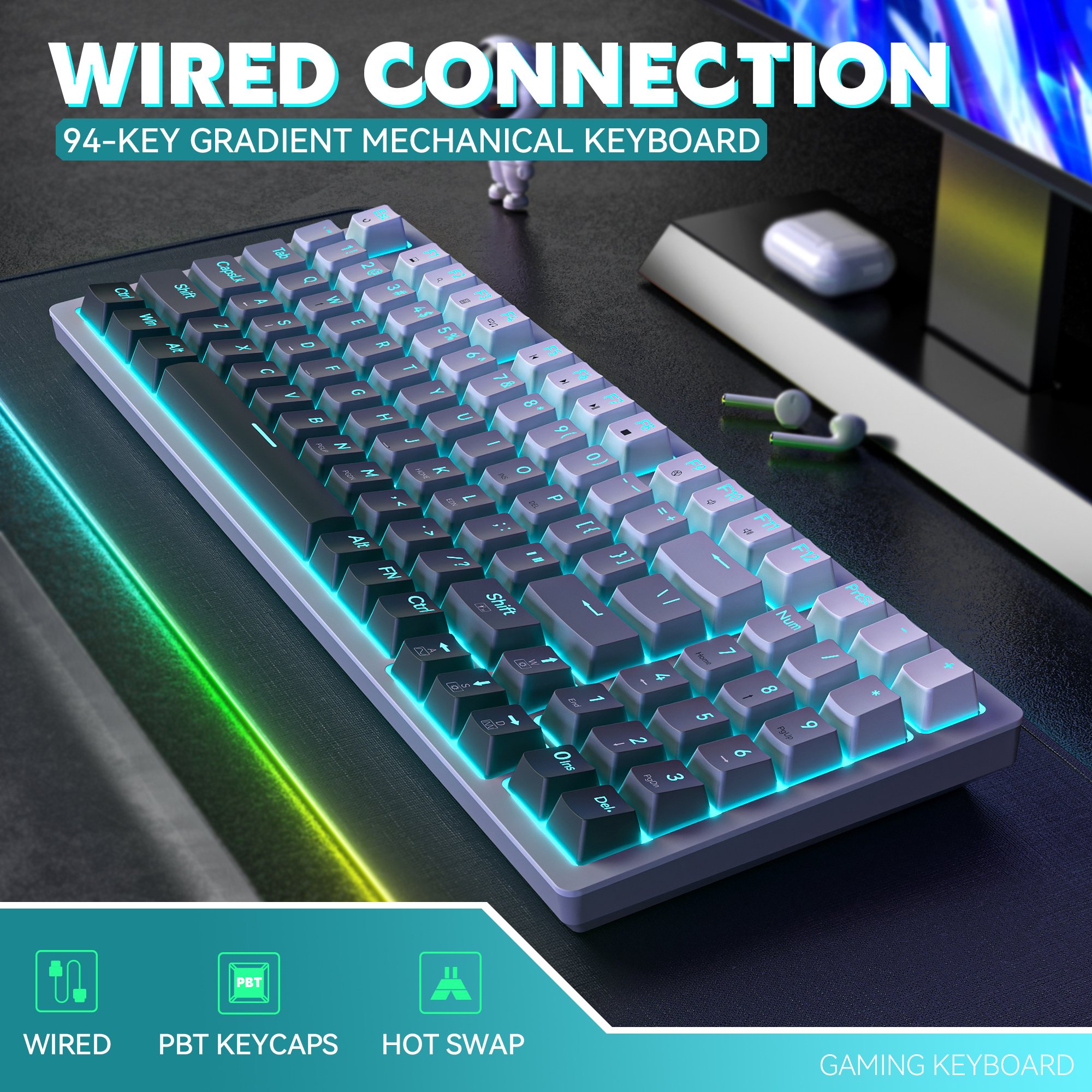 90% Keyboard 94 Keys Hot Swappable Blue Red Switch PBT Keycaps Computer Gaming USB Wired Blue Light Led Mechanical Keyboard